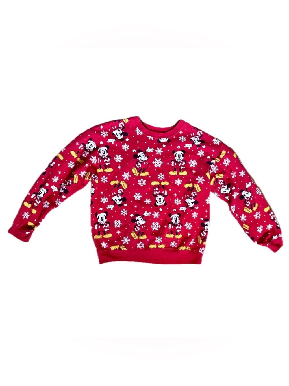 Womens Christmas Mickey Mouse Snowflakes Red Sweatshirt Fits Large Whimsical Fun